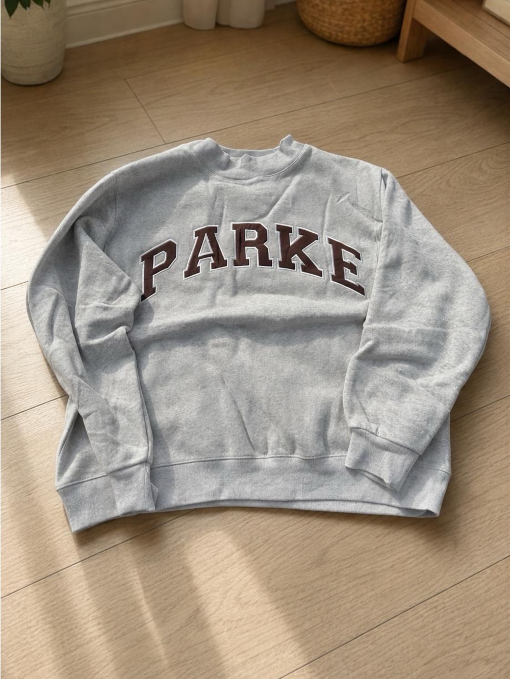 Parker Light Gray Crewneck Sweatshirt with Brown Collegiate Logo